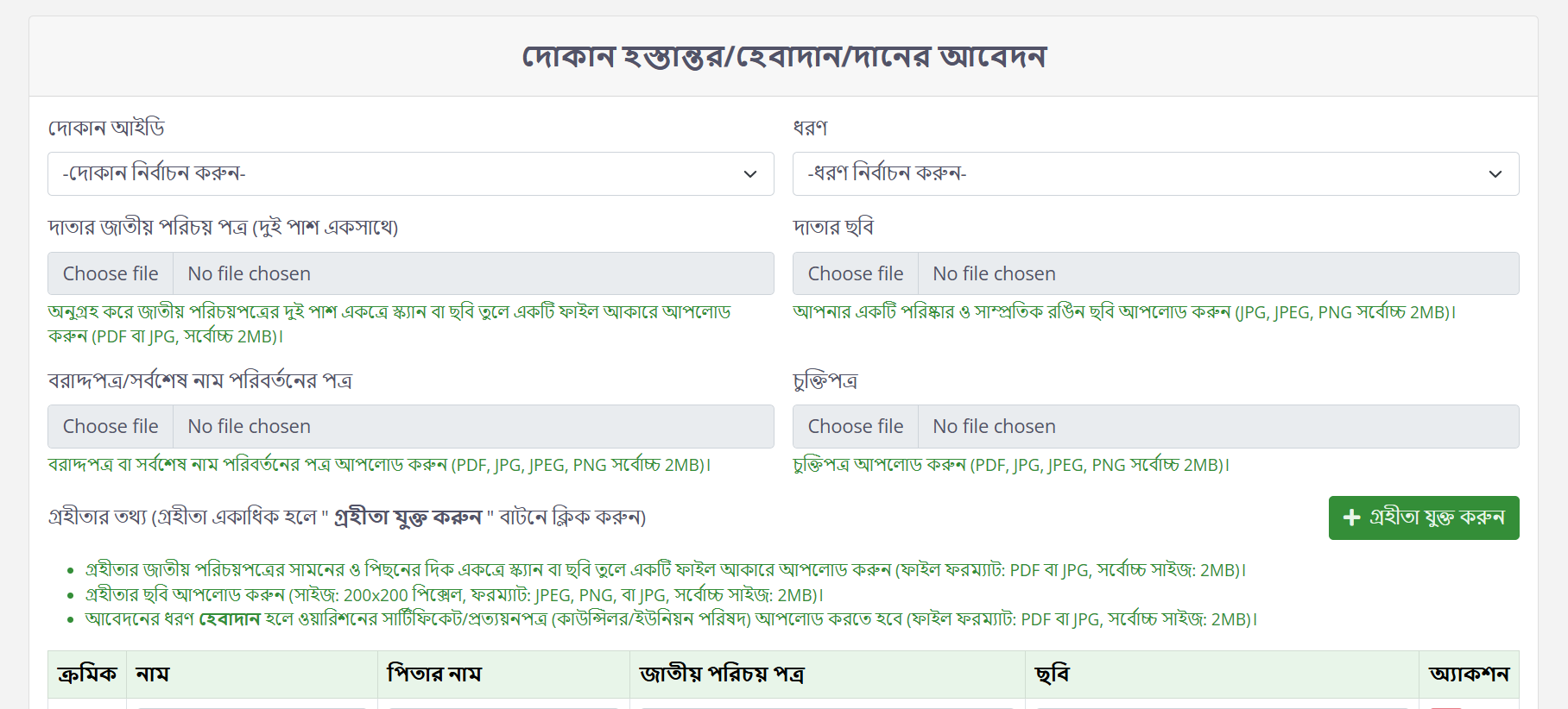 Market application form